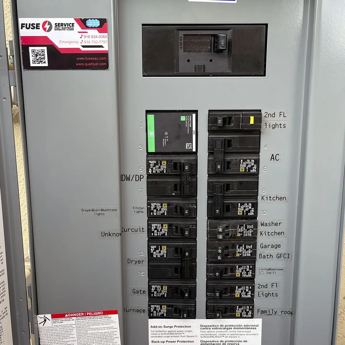 Electrical panel labeled and serviced in Sacramento during a professional inspection.