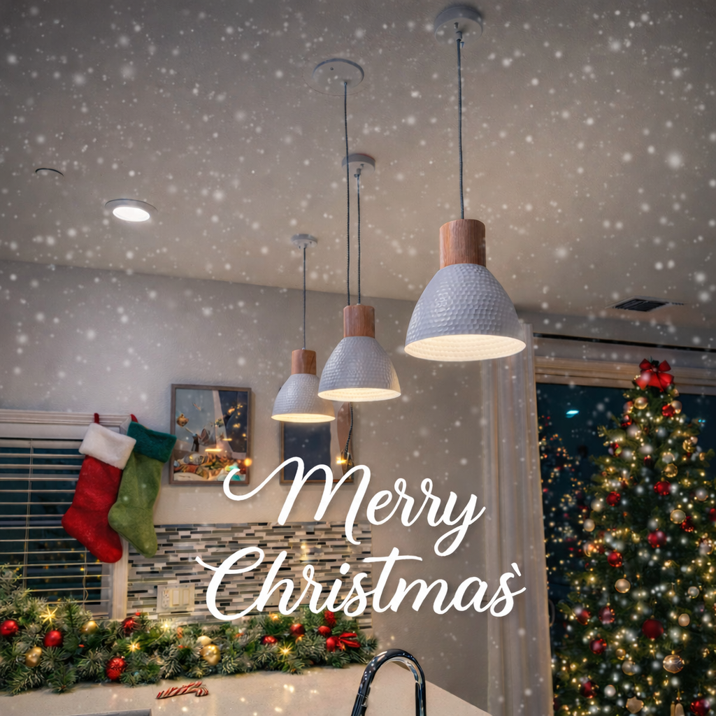 Holiday kitchen lighting installation in Sacramento with festive Christmas décor
