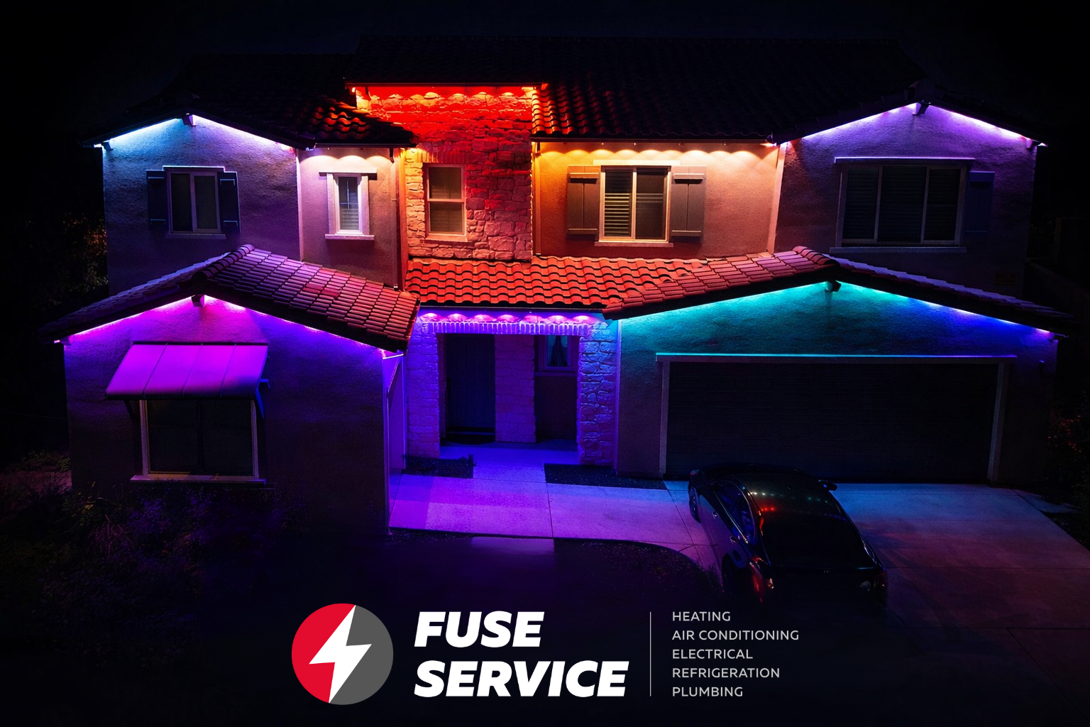 New Year home exterior lighting and electrical HVAC services in Sacramento at night